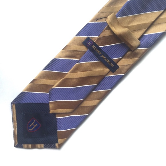 HENRY JACOBSON Silk Tie Caramel Brown and Blue Stripes - Picture 3 of 6